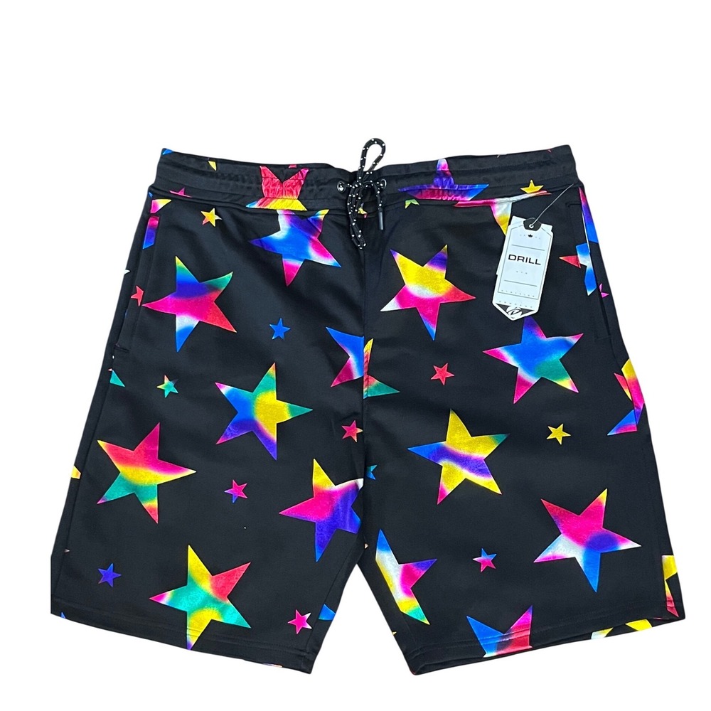 Drill Clothing Company Mens XL Black Rainbow Star Print Drawstring Shorts NWT